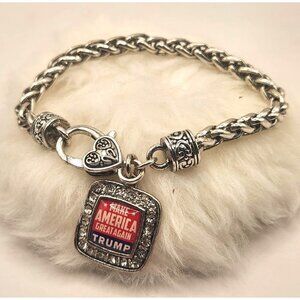 Trump 2016 charm silvertone braided links heart clasp guc 8”